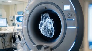 MRI scanner in an examination room, with a glowing, translucent image of a heart floating in the opening of the bore.