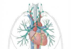 Anatomische Illustration des Mediastinums: Herz mit angrenzenden großen Gefäßen (Aorta und Lungenarterien in Rot, obere Hohlvene in Blau) sowie Luftröhre und Hauptbronchien im Hochformat. Das Lymphsystem ist als Netzwerk türkisfarbener Gefäße mit ovalen Lymphknoten dargestellt, das entlang der Luftröhre, der Bronchien und über der Herzoberfläche verläuft. Im Hintergrund sind die Umrisse beider Lungenflügel schematisch angedeutet.